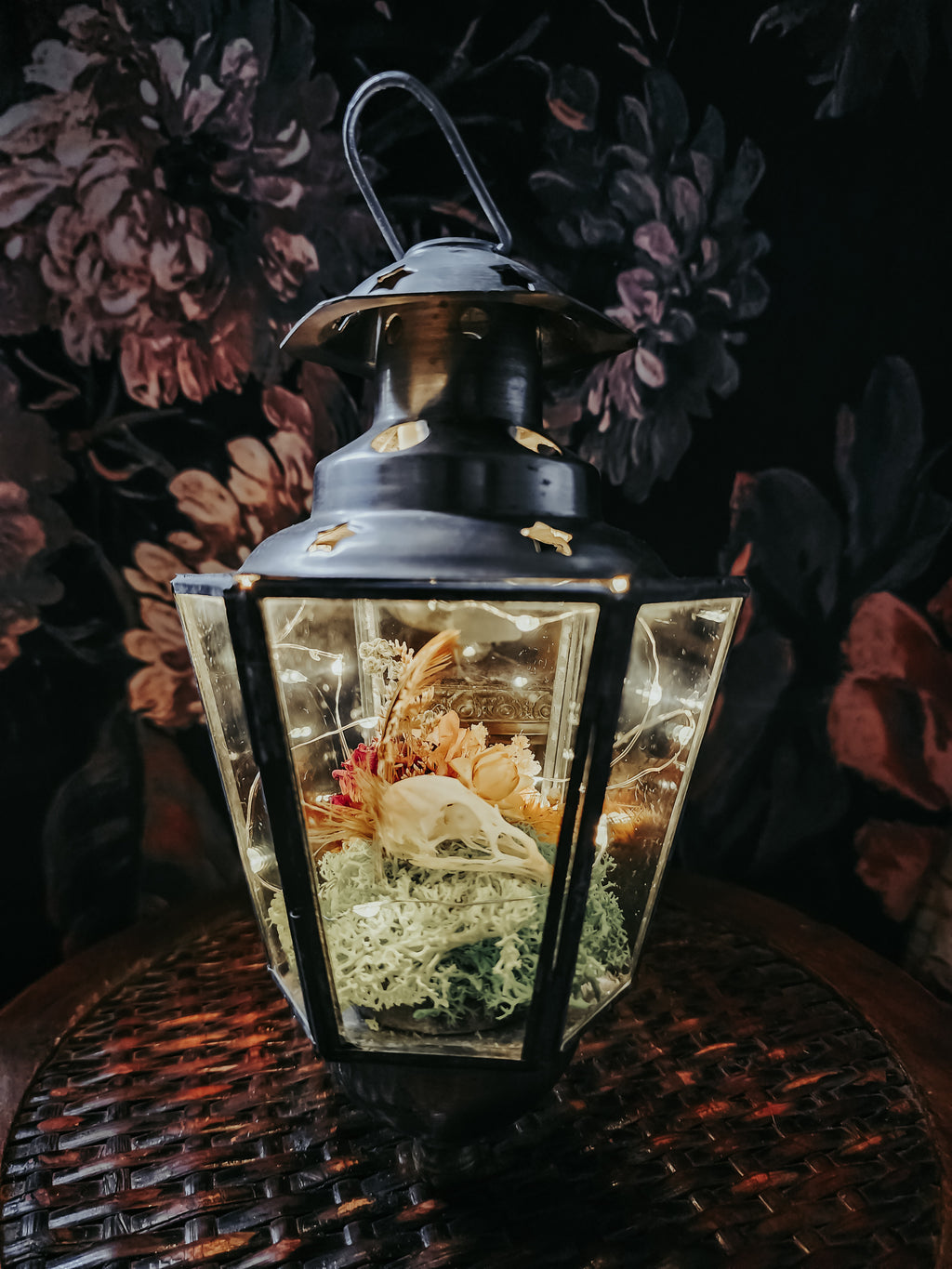 Quail Skull Lantern Display with Moss, Dried Flowers & Fairy Lights – Rustic Woodland Nature Décor