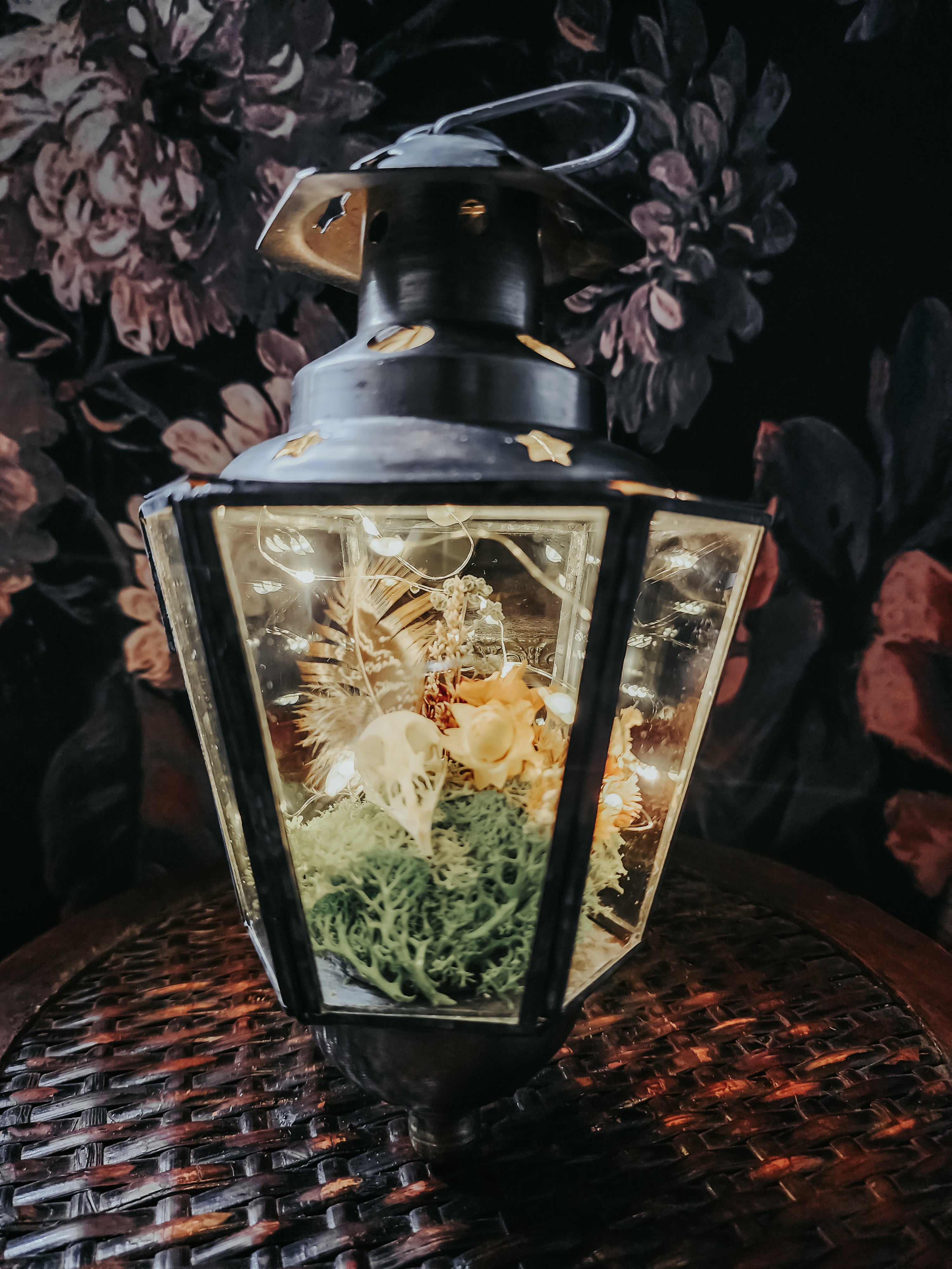 Quail Skull Lantern Display with Moss, Dried Flowers & Fairy Lights – Rustic Woodland Nature Décor