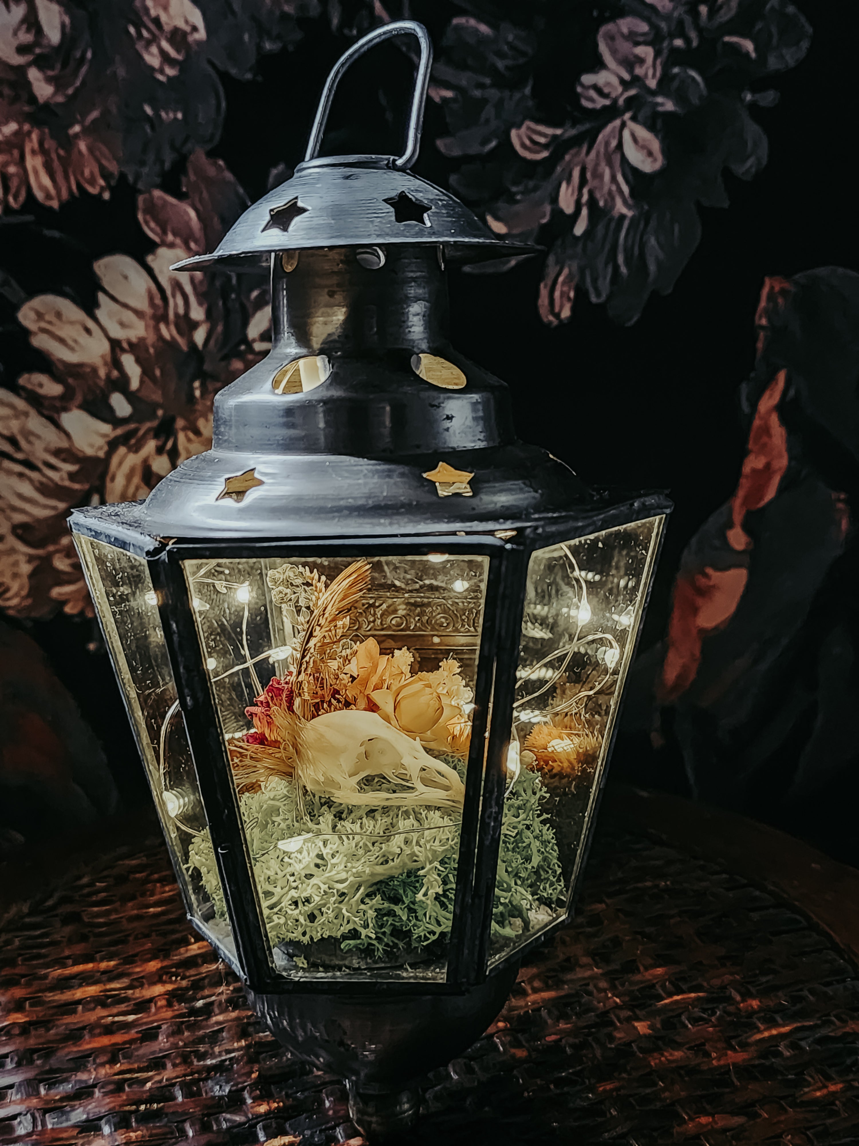 Quail Skull Lantern Display with Moss, Dried Flowers & Fairy Lights – Rustic Woodland Nature Décor