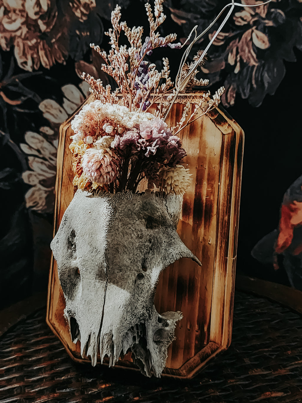 Partial Deer Skull Burned Wood Plaque with Moss & Flowers – Rustic Woodland Wall Display