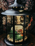 Skunk Skull Round Lantern Display with Moss, Dried Flowers & Fairy Lights – Woodland Gothic Nature Décor