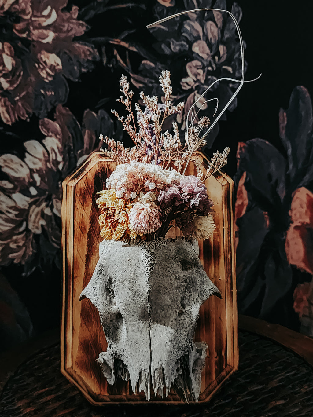 Partial Deer Skull Burned Wood Plaque with Moss & Flowers – Rustic Woodland Wall Display