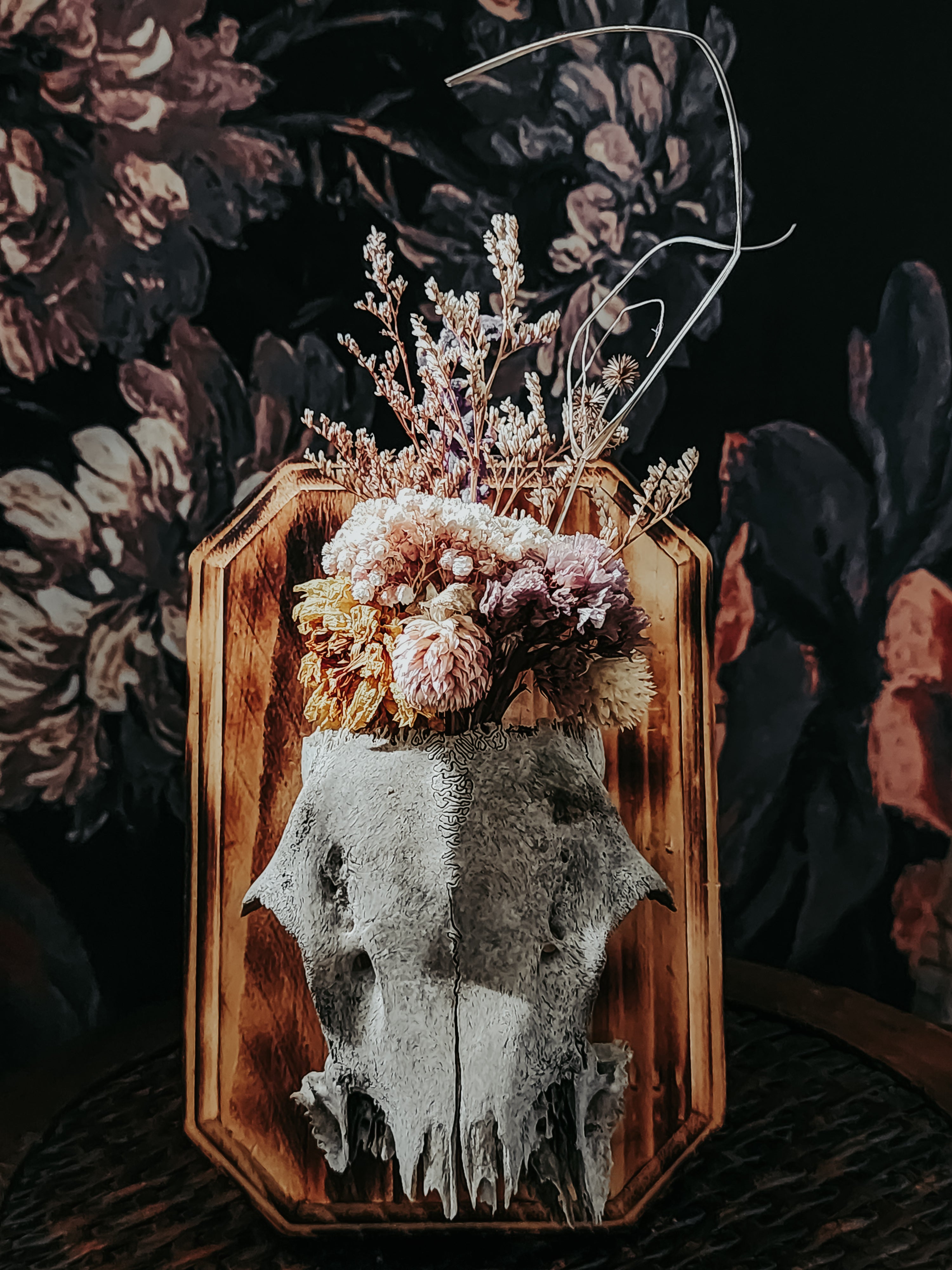 Partial Deer Skull Burned Wood Plaque with Moss & Flowers – Rustic Woodland Wall Display