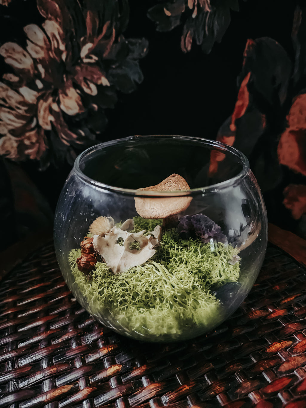 Small Turtle Pelvis Glass Bowl Display with Moss, Flowers & Mushroom – Woodland Curio Nature Décor