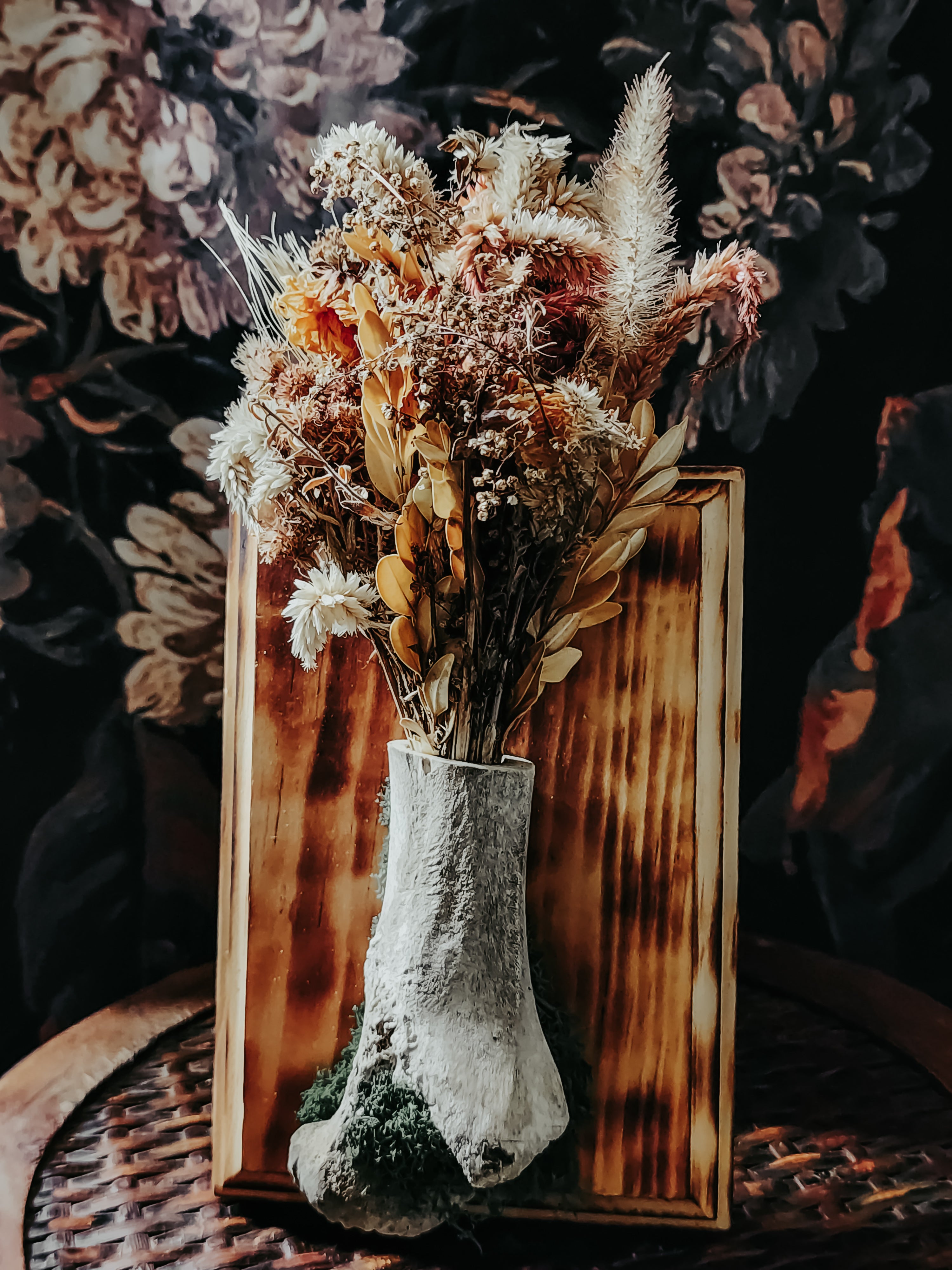 Deer Leg Dried Flower Bouquet Burned Wood Plaque with Moss – Rustic Woodland Wall Décor