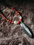 Orthoceras, Red Jasper & Ebony Wood 16IN Bead Necklace – Handcrafted by Kore Design Co