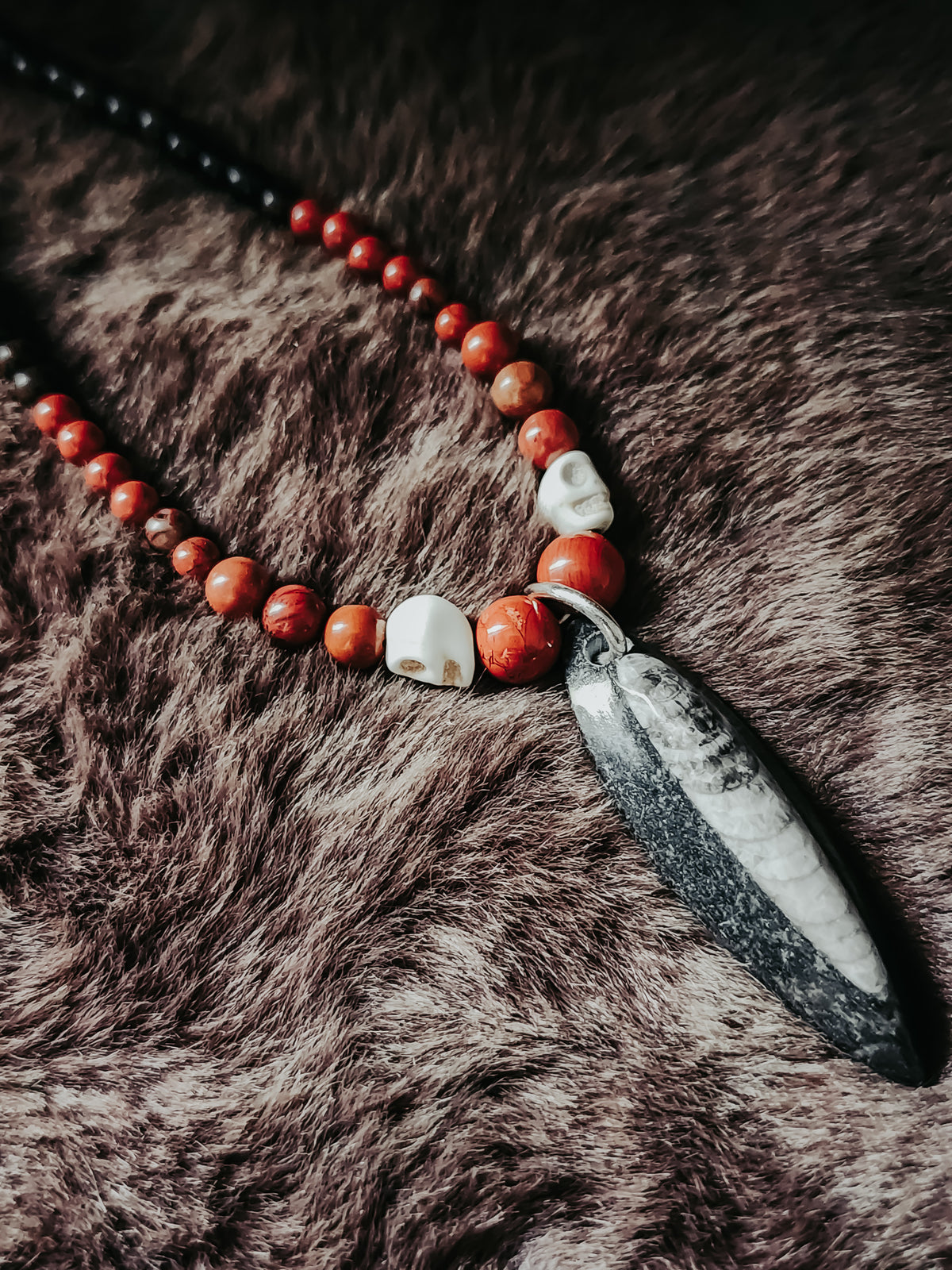Orthoceras, Red Jasper & Ebony Wood 16IN Bead Necklace – Handcrafted by Kore Design Co