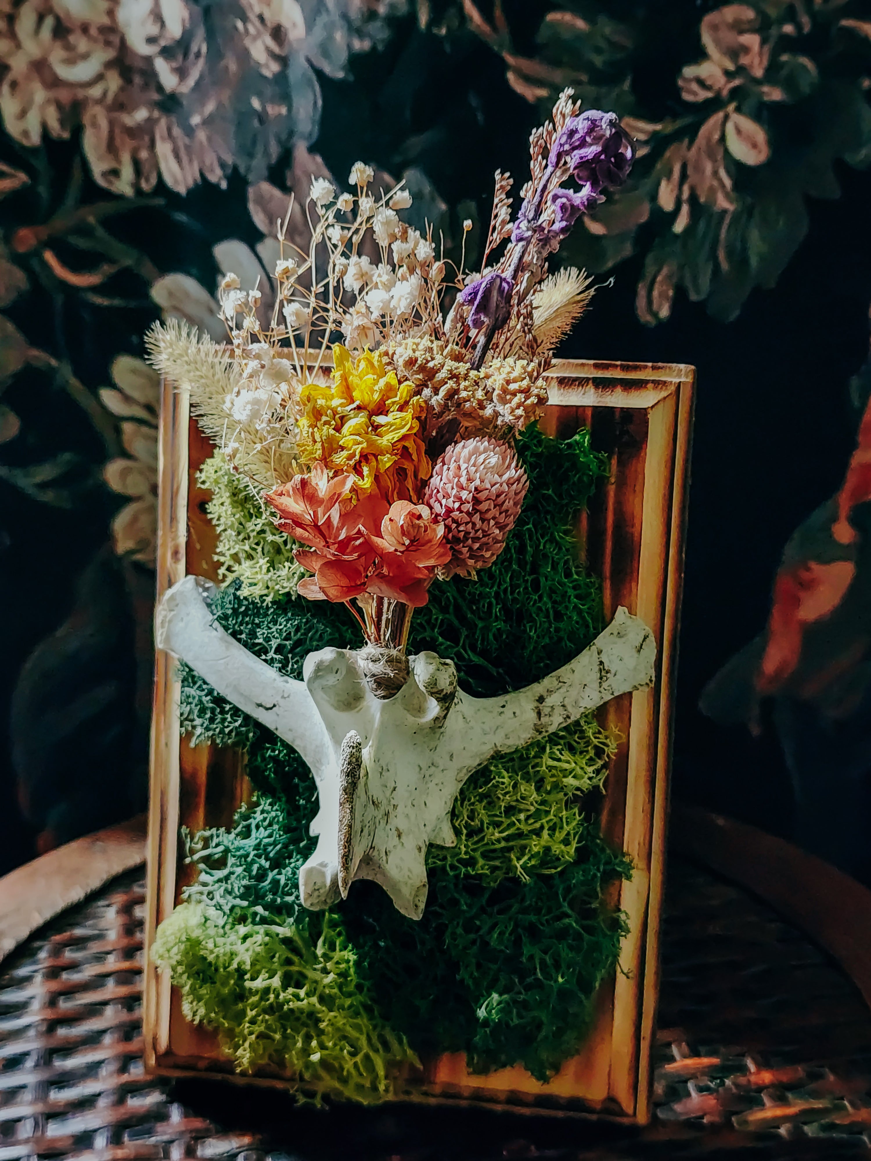 Deer Vertebrae Dried Flower Arrangement on Burned Wood Plaque with Moss – Rustic Woodland Wall Display