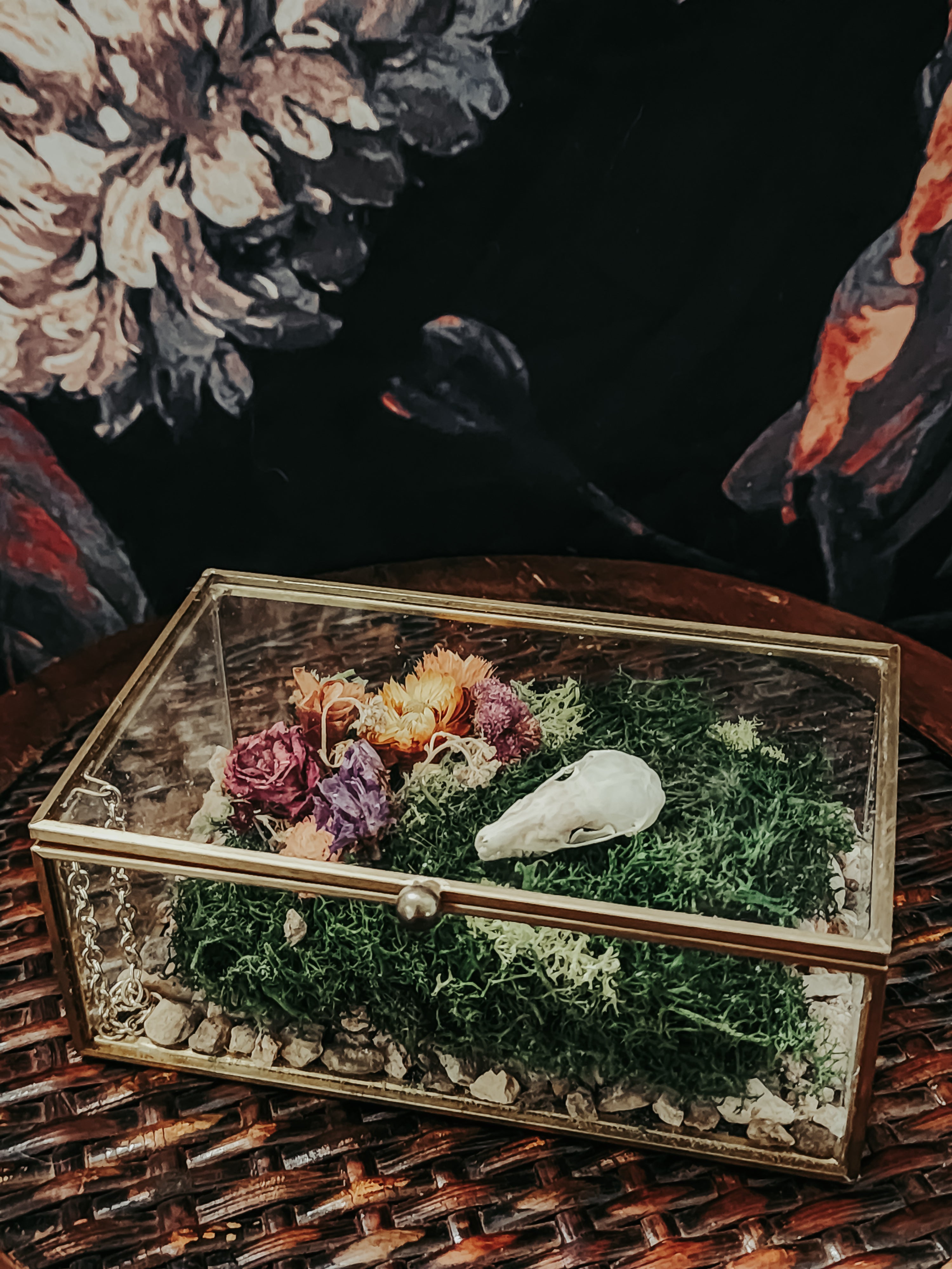 Vole Skull Small Gold Glass Box Display with Moss & Flowers – Woodland Curio Nature Décor
