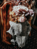 Partial Deer Skull Burned Wood Plaque with Moss & Flowers – Rustic Woodland Wall Display